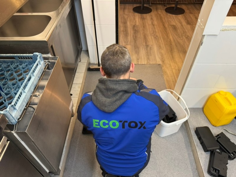Un exterminateur dans le canton du Valais travaille dans une cuisine et pr&eacute;pare des mat&eacute;riaux pour la lutte contre les nuisibles afin de garantir l&rsquo;hygi&egrave;ne dans l&rsquo;&eacute;tablissement.